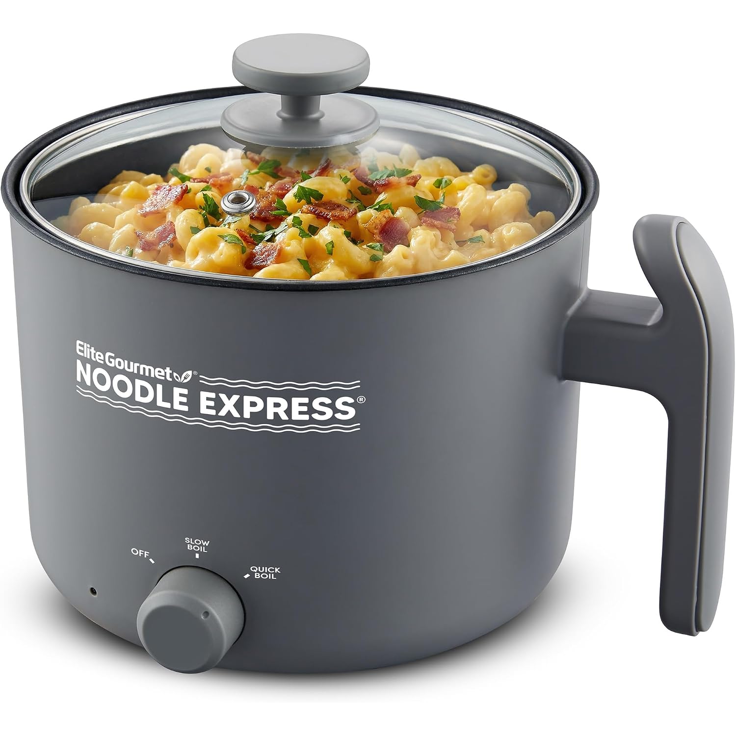 Elite Gourmet Noodle Express Electric Hot Pot, Prepare Noodles, Soups, Stews, Cool-Touch Handle, Ceralast™ Pfas-Free Ceramic Non-Stick, Tempered Glass Lid, 2 Heat Settings-High/Low, Grey