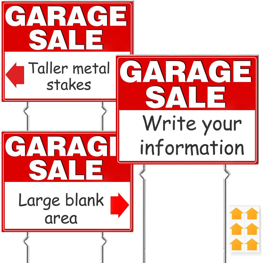Garage Sale Signs, 3 Pcs Yard Signs With Metal Stakes, 17X13 Inch Double Sided Large Corrugated Plastic Garage Sale Kit With Directional Arrows Stickers For Event, Weatherproof, Red