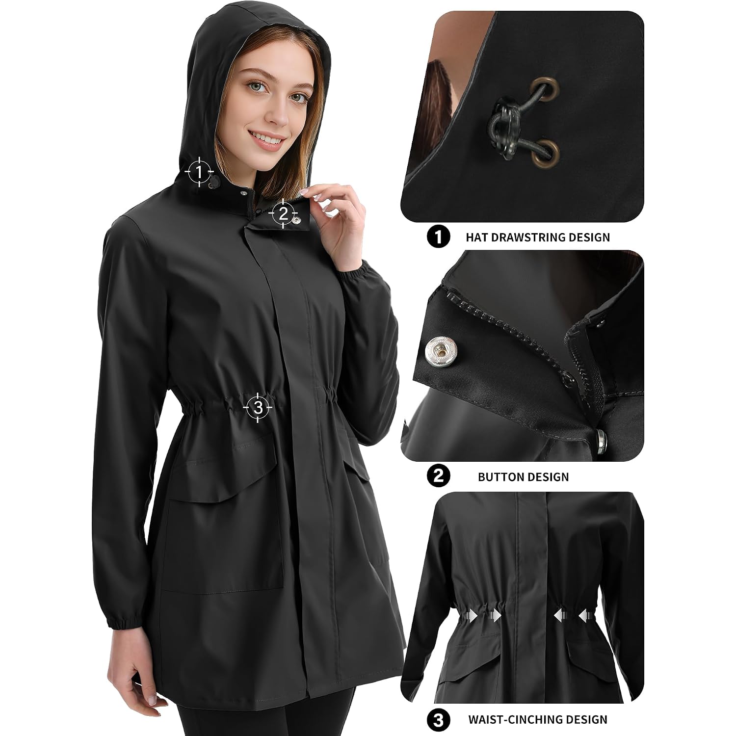 Women'S Long Rain Jacket Waterproof Lightweight Packable Raincoat Hood Windbreaker For Outdoor Hiking, Cycling, Travel