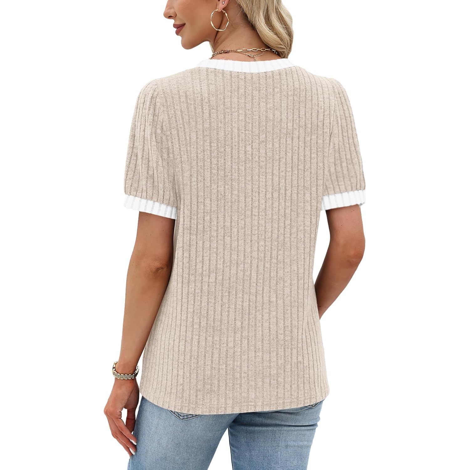 Womens Short Sleeve Sweater Textured Tunic Tops 2026 Spring Summer Business Casual Blouse