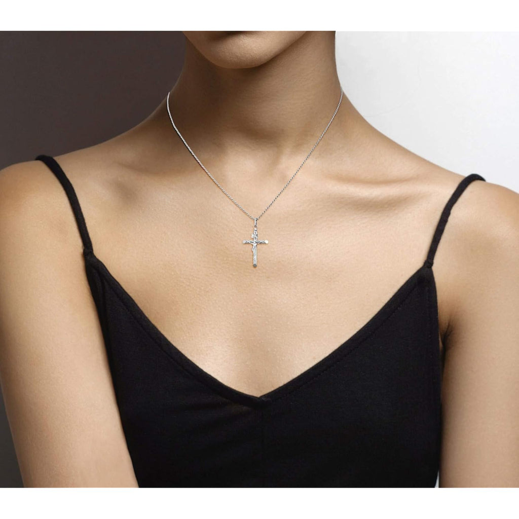 Miabella Rhodium Plated 925 Sterling Silver Small or Large Crucifix Necklace for Men Women, Cross Pendant with Rope Chain, Made in Italy