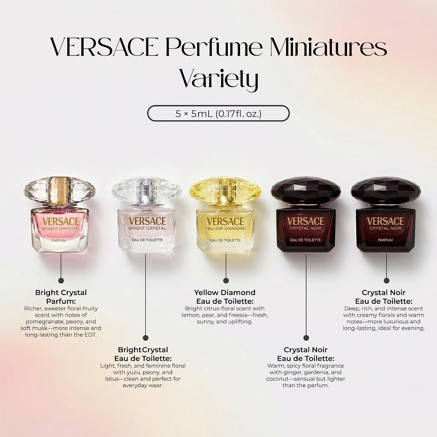 Versace Perfume For Women Gift Set –Mini Variety Splashes, 5 Piece 0.17 Oz Each