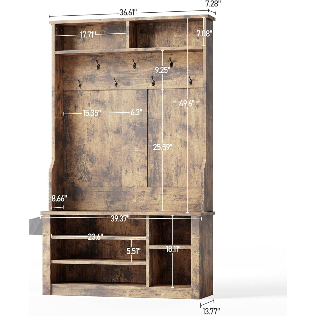 Aiho Entryway Hall Tree with Bench and Storage, 3-in-1 Hall Tree with Coat Rack, Adjustable Shoe Bench, 2-Tier top Storage, for Hallway, Entryway, Bedroom, Rustic Brown