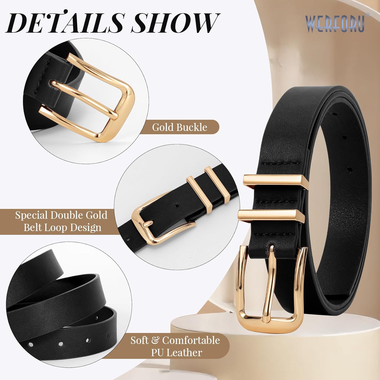 WERFORU 3 PACK Women Belt Women Fashion Leather Belts for Jeans Pants Ladies Belts with Gold Buckle