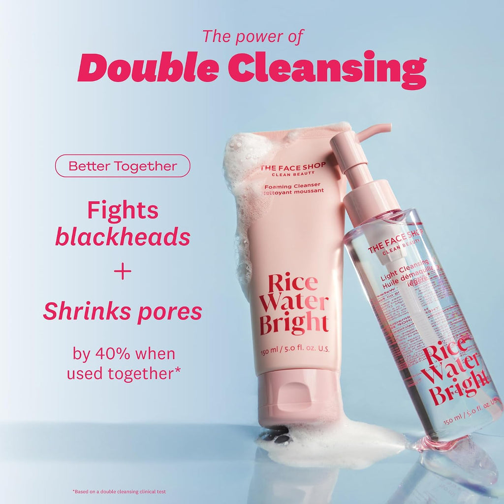 The Face Shop Rice Water Bright Double Cleansing Duo Set With Ceramide, Korean Skin Care, Gentle Face Wash & Pore Control Cleansing Oil, Hydrating, Moisturizing, Vegan Facial Cleanser, Makeup Remover