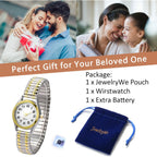 Jewelrywe Women'S Ultra Thin Easy Reader Watch With Elastic Strap Golden/Silver Tone Stretch Band Watches For Daily And Office