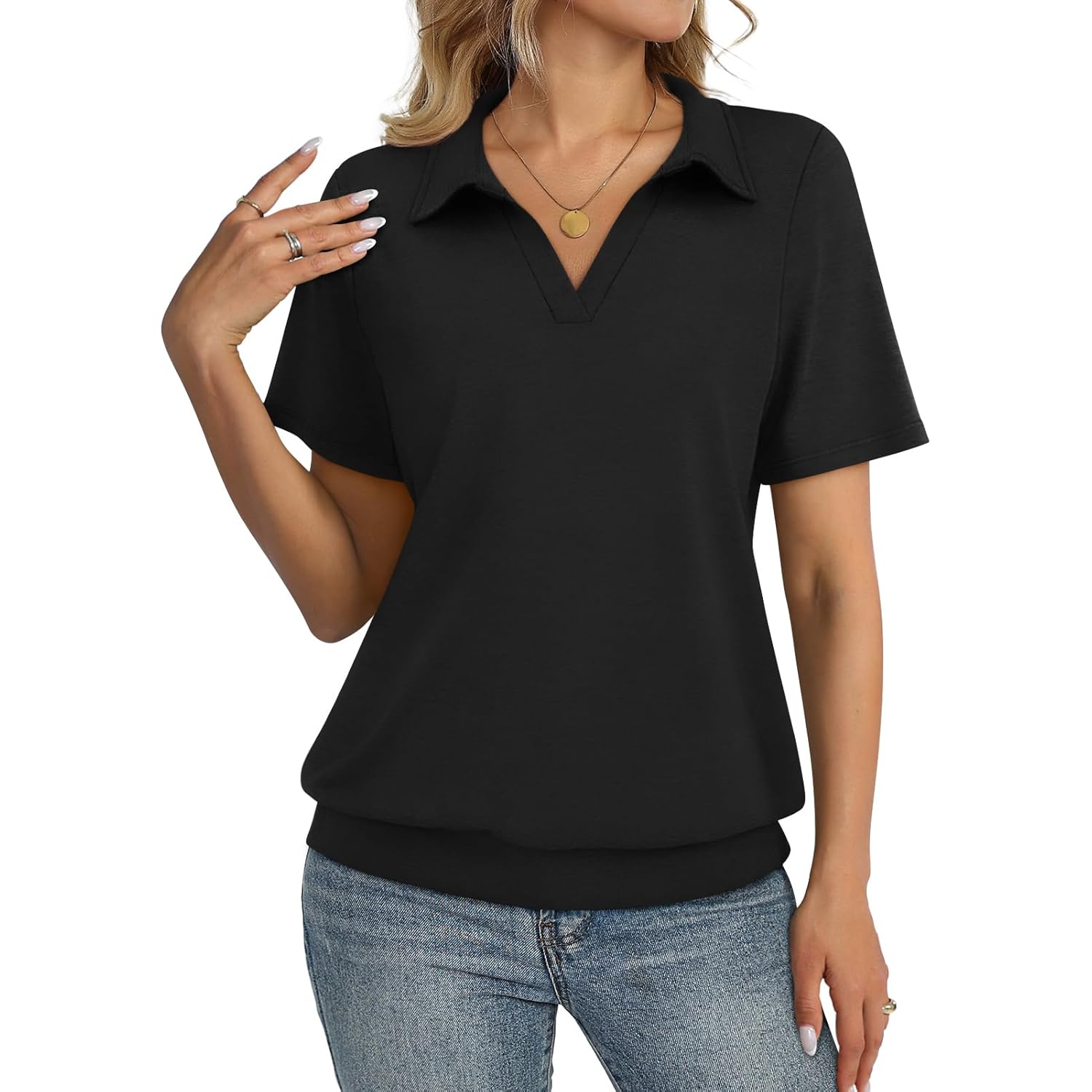 Womens Polo Shirts Short Sleeve Banded Bottom Tops Business Casual Tops Collared V Neck Dressy Blouses