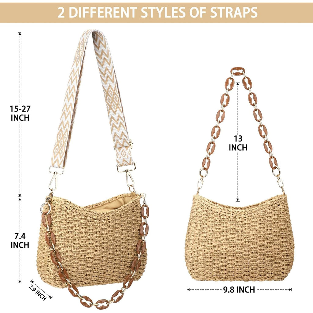 Straw Handbags Purses Crossbody Pocketbook Bag Casual Woven Beach Bags Summer Hobo Hippie Chic Tote Bags with Chain
