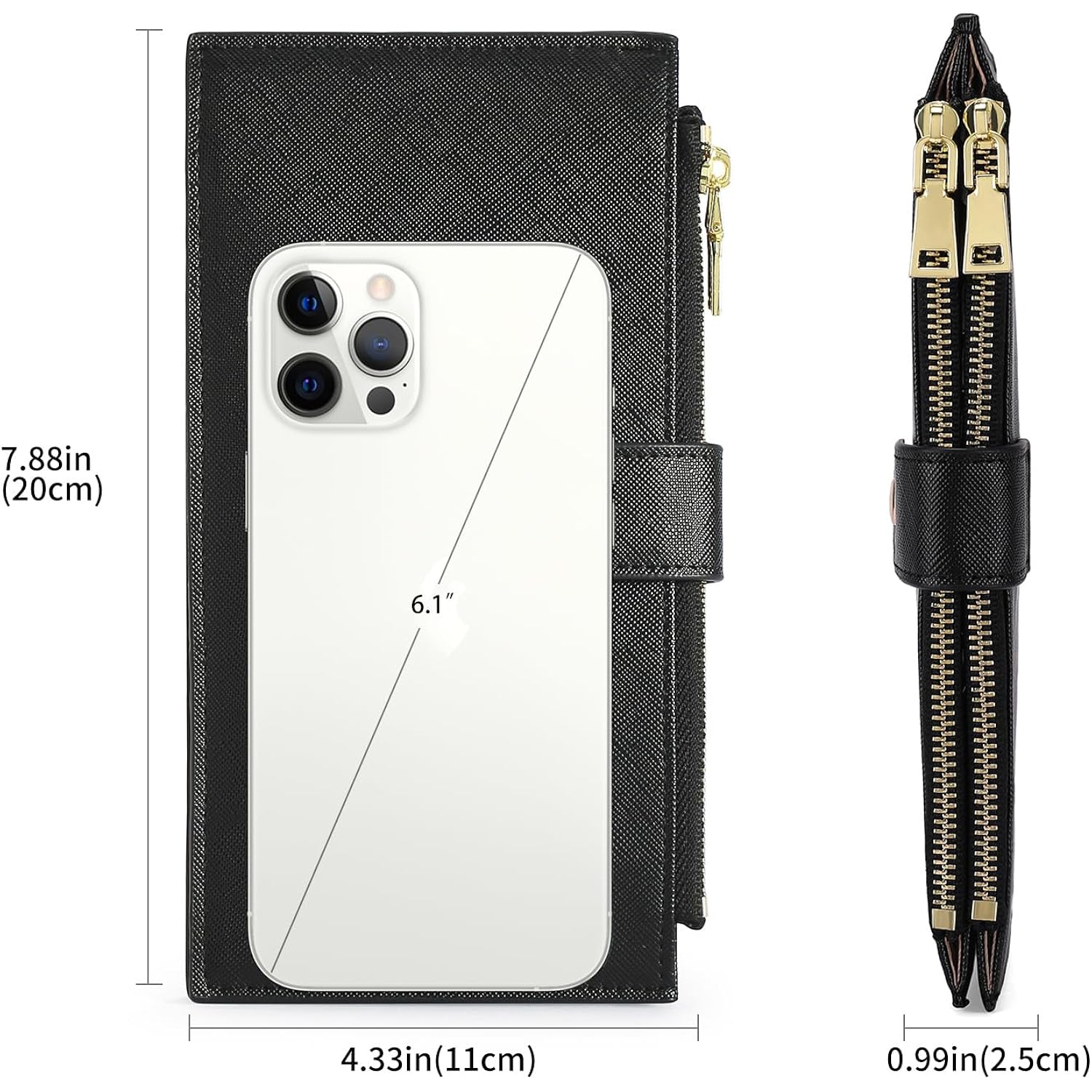 GOIACII Slim Wallets for Women RFID Blocking Card Holder 2 Zipper Pockets Thin Ladies Clutch Purse Black