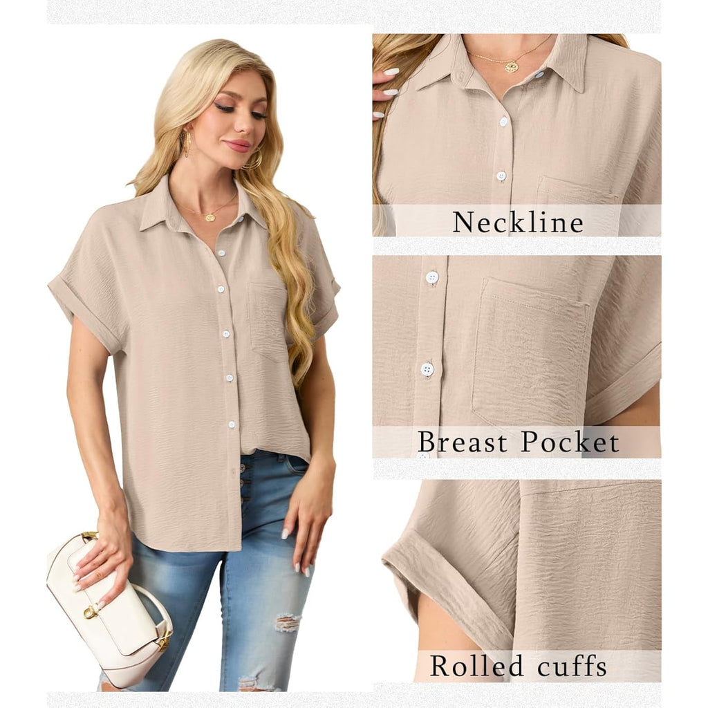 Button Down Short Sleeve Shirts for Women V Neck Loose Roll Up Collared Shirt Casual Summer Tops with Pockets