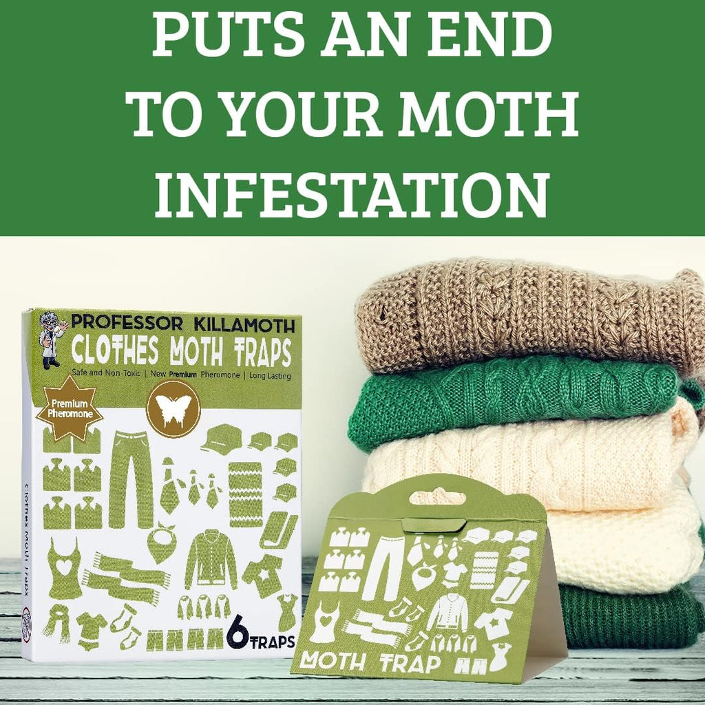 Professor Killamoth Industrial Strength Clothes Moth Traps – Safe, Non-Toxic Closet Moth Prevention For Clothes & Wool – Pheromone Traps For House & Wardrobe Protection – 6 Pack