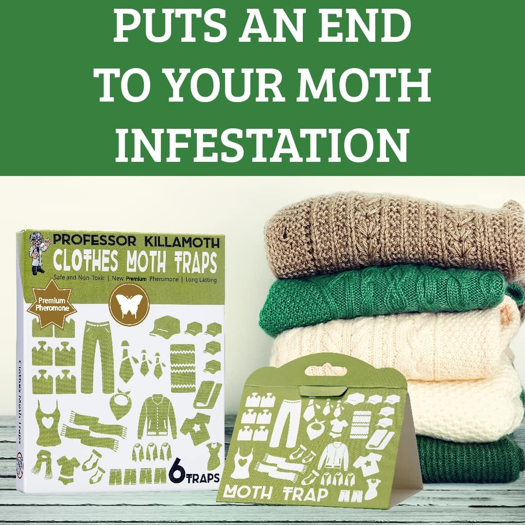 Professor Killamoth Industrial Strength Clothes Moth Traps – Safe, Non-Toxic Closet Moth Prevention For Clothes & Wool – Pheromone Traps For House & Wardrobe Protection – 6 Pack