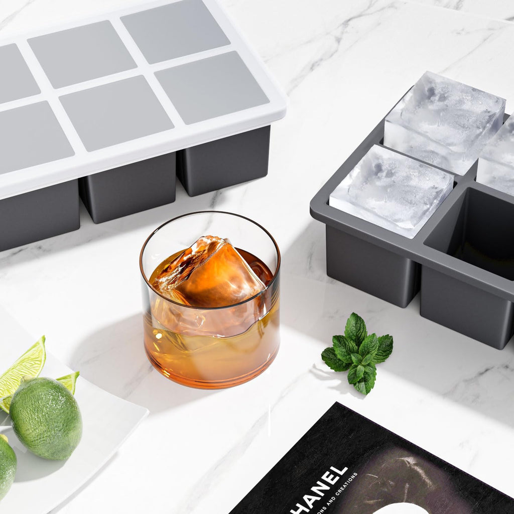 Large Ice Cube Tray For Whiskey: Fddbi Silicone Ice Cube Trays With Lid - 2Pack Big Square Old Fashioned Ice Cube Maker For Cocktail - 2Inch Huge Cubed Ice Trays For Whisky