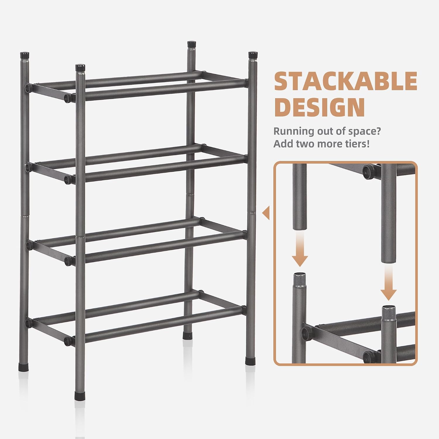 Storage Maniac Expandable Shoe Rack For Closet, 8 Pairs Stackable Small Shoe Rack, Metal Adjustable Shoes Organizer For Entryway, Hallway, Garage, Front Door, Shoes Shelves, Black 2 Tier