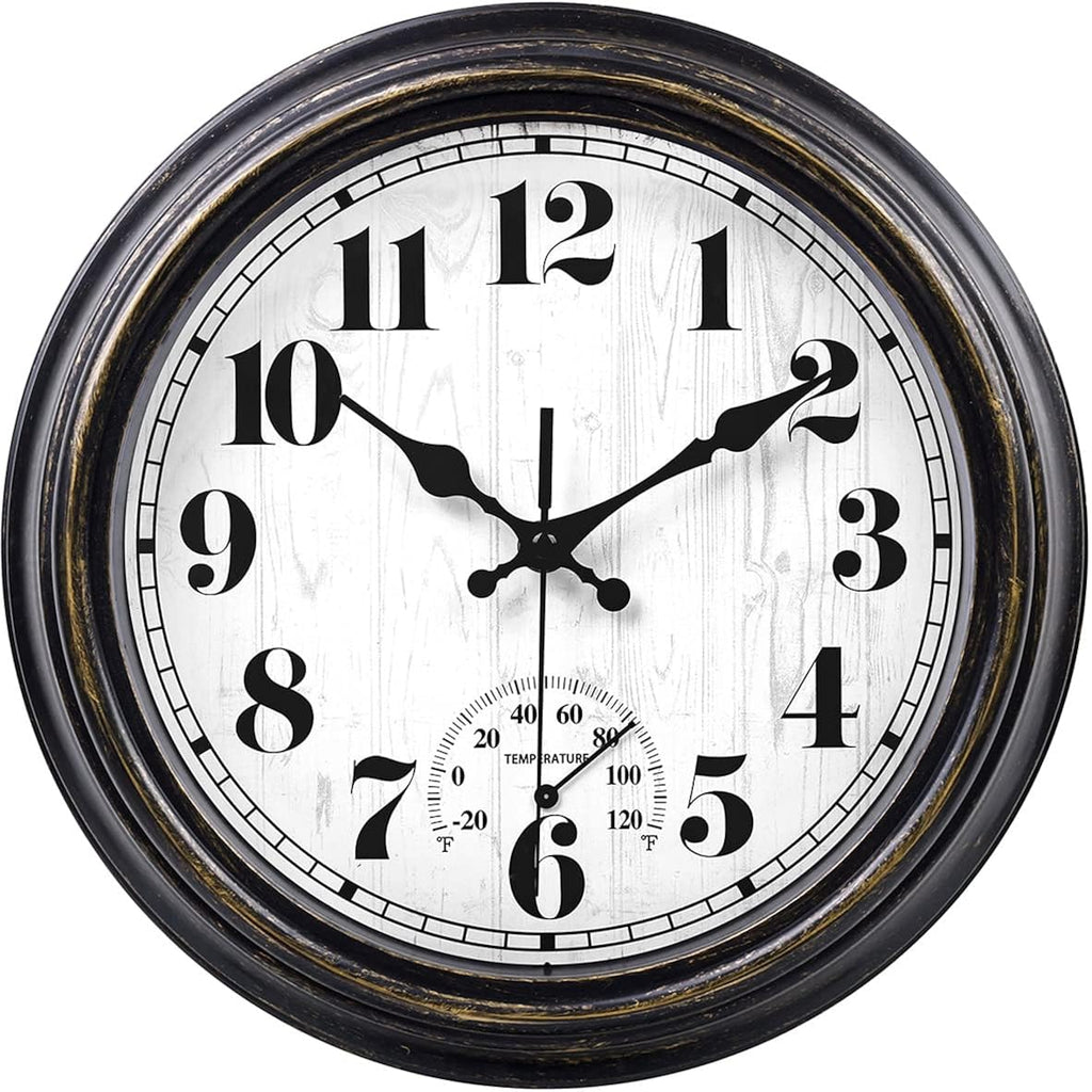 45Minst 12 Inch Indoor/Outdoor Retro Round Waterproof Wall Clock With Thermometer, Silent Non Ticking Battery Operated Quality Quartz Wall Clock Home/Patio Decor(Black Gold)