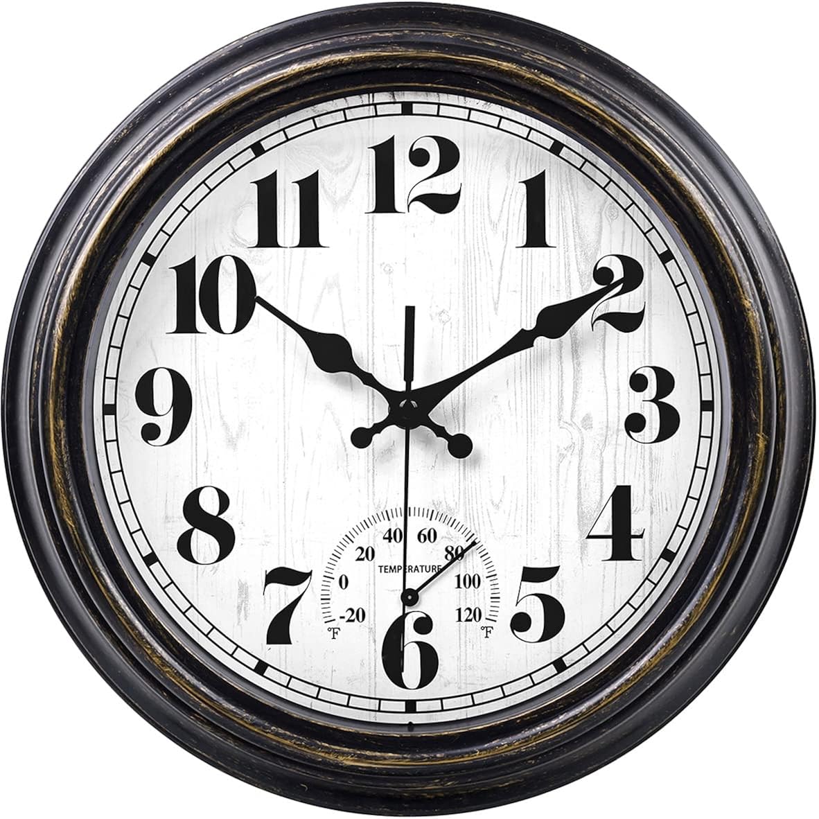 45Minst 12 Inch Indoor/Outdoor Retro Round Waterproof Wall Clock With Thermometer, Silent Non Ticking Battery Operated Quality Quartz Wall Clock Home/Patio Decor(Black Gold)