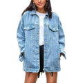 Women'S Oversized Mid Long Denim Jacket Jean Biker Coat