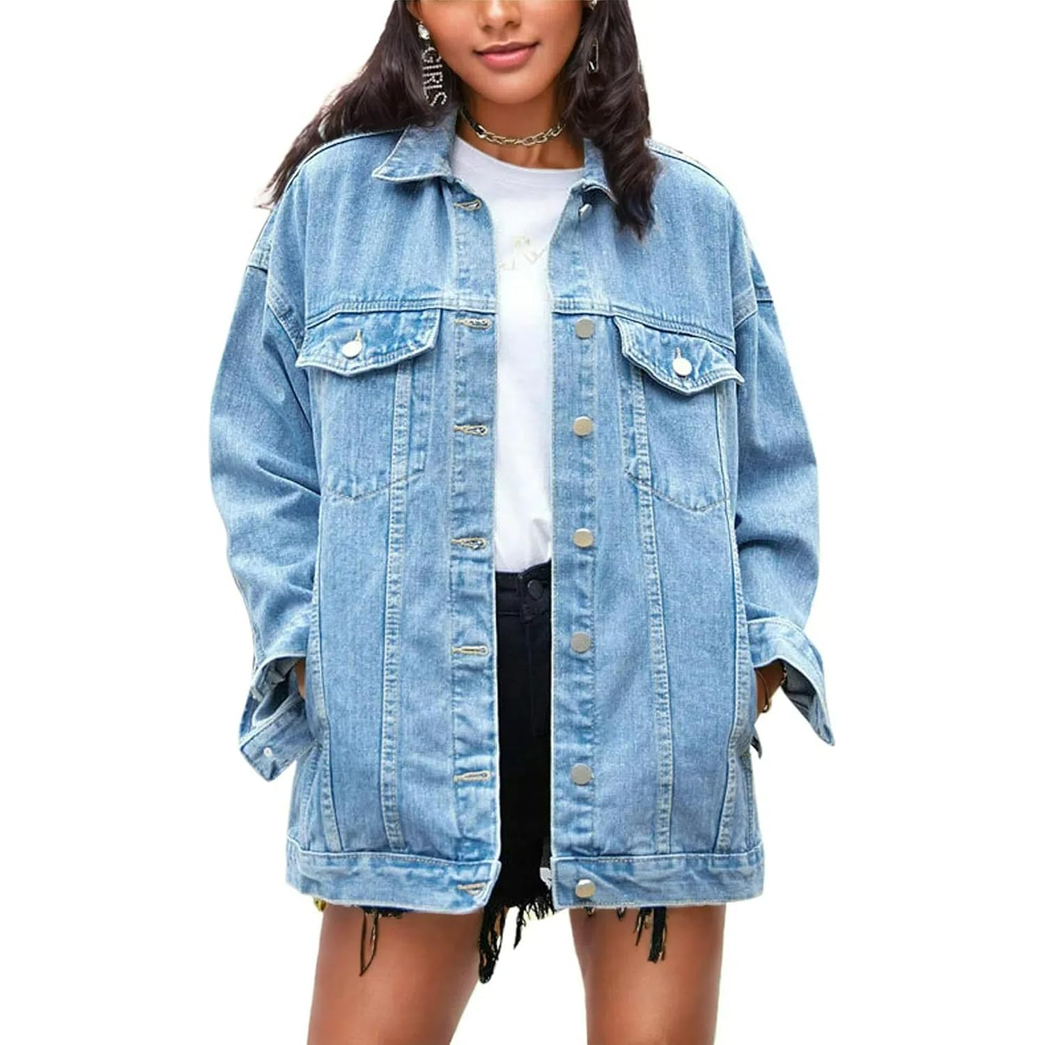 Women'S Oversized Mid Long Denim Jacket Jean Biker Coat