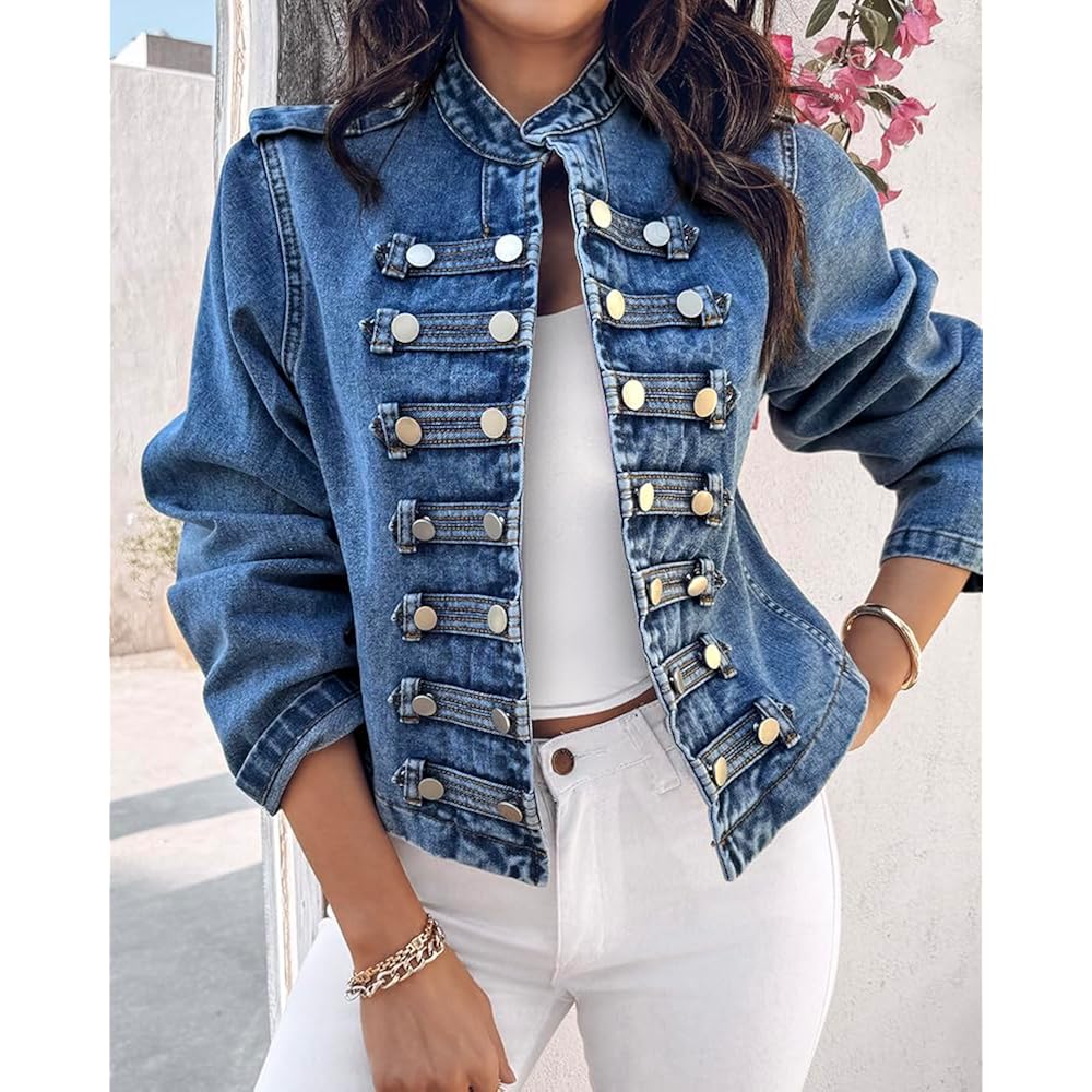 Chicme Denim Jacket For Women Button Up Stand Collar Jeans Jacket Casual Long Sleeve Lightweight Fall Coat