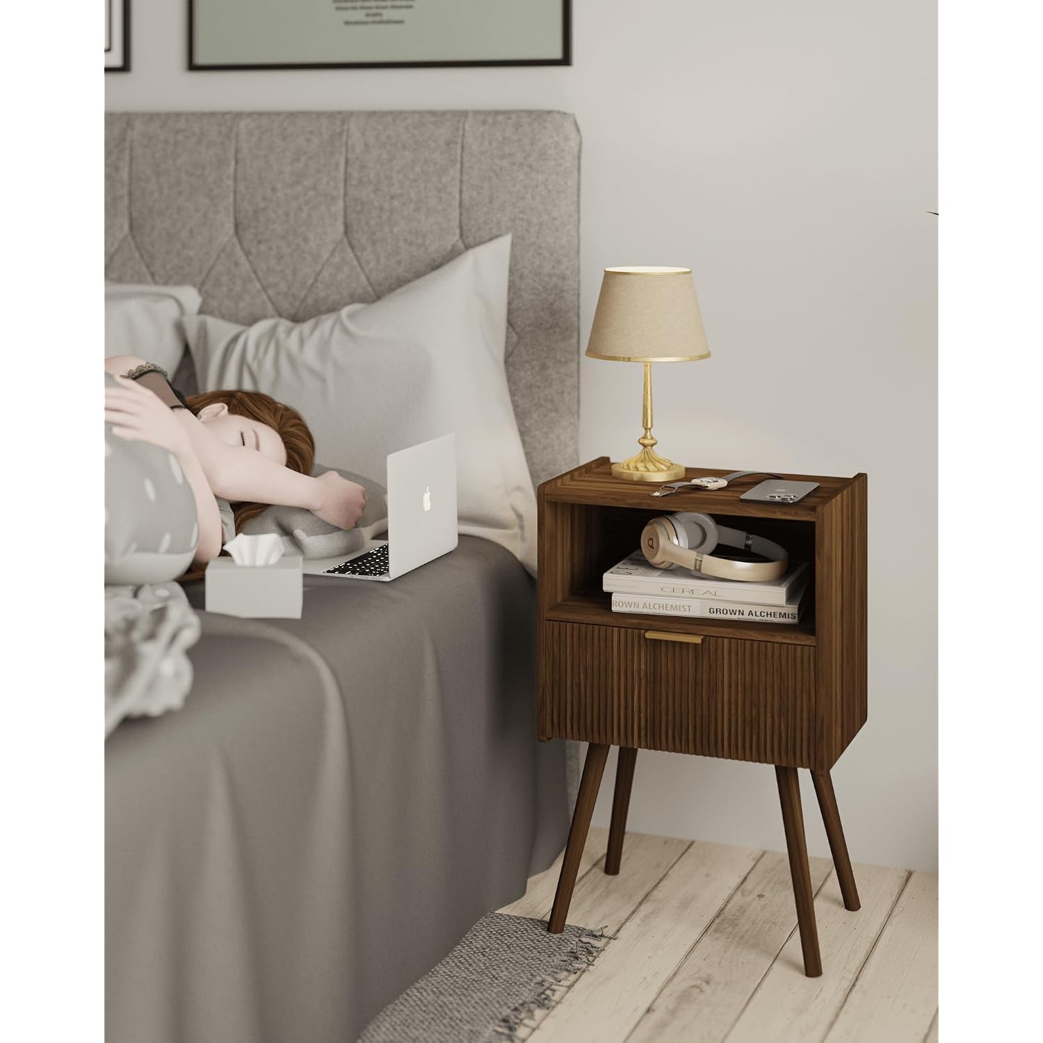 Nightstand,Modern Bedside Table With Storage Drawer And Open Wood Shelf, For Living Room, Bedroom And Small Spaces, Accent Night Stand With Solid Wood Legs, Easy Assembly,Walnut Brown