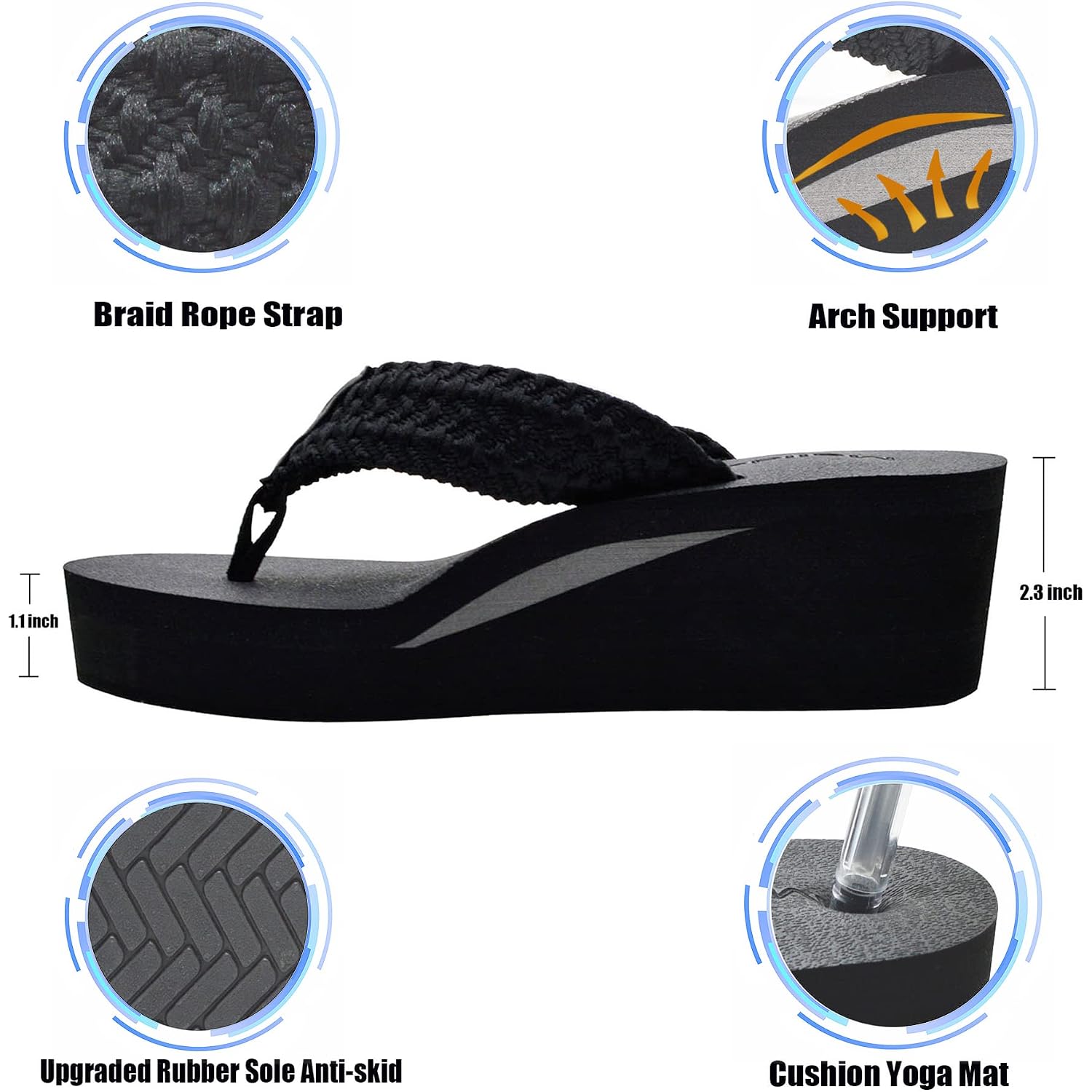 Malida Womens Wedge Arch Support Flip Flops Cushion Soft Rubber Midsole Platform Thong Sandals With Rubber Sole