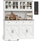 71''H X 55.1''W Pantry Cabinet With Charging Station, 4 Wide Cabinets Kitchen Pantry With 2 Drawers, Farmhouse Hutch Storage Cabinet, Tall Coffee Bar, Acrylic Door, Adjustable Shelves, White