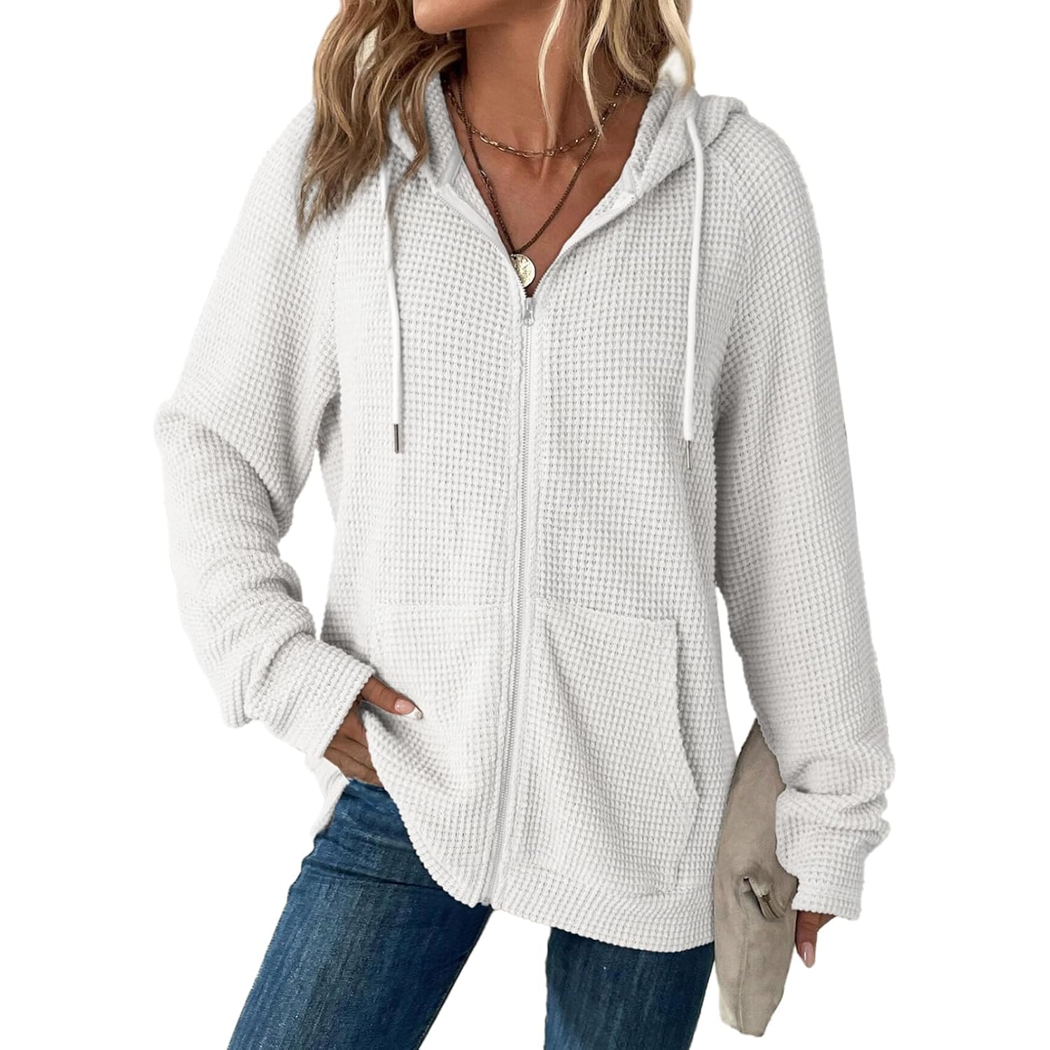 Dokotoo Women'S Full Zip Up Hoodies Waffle Knit Long Sleeve Drawstring Casual Sweatshirt Hooded Tops