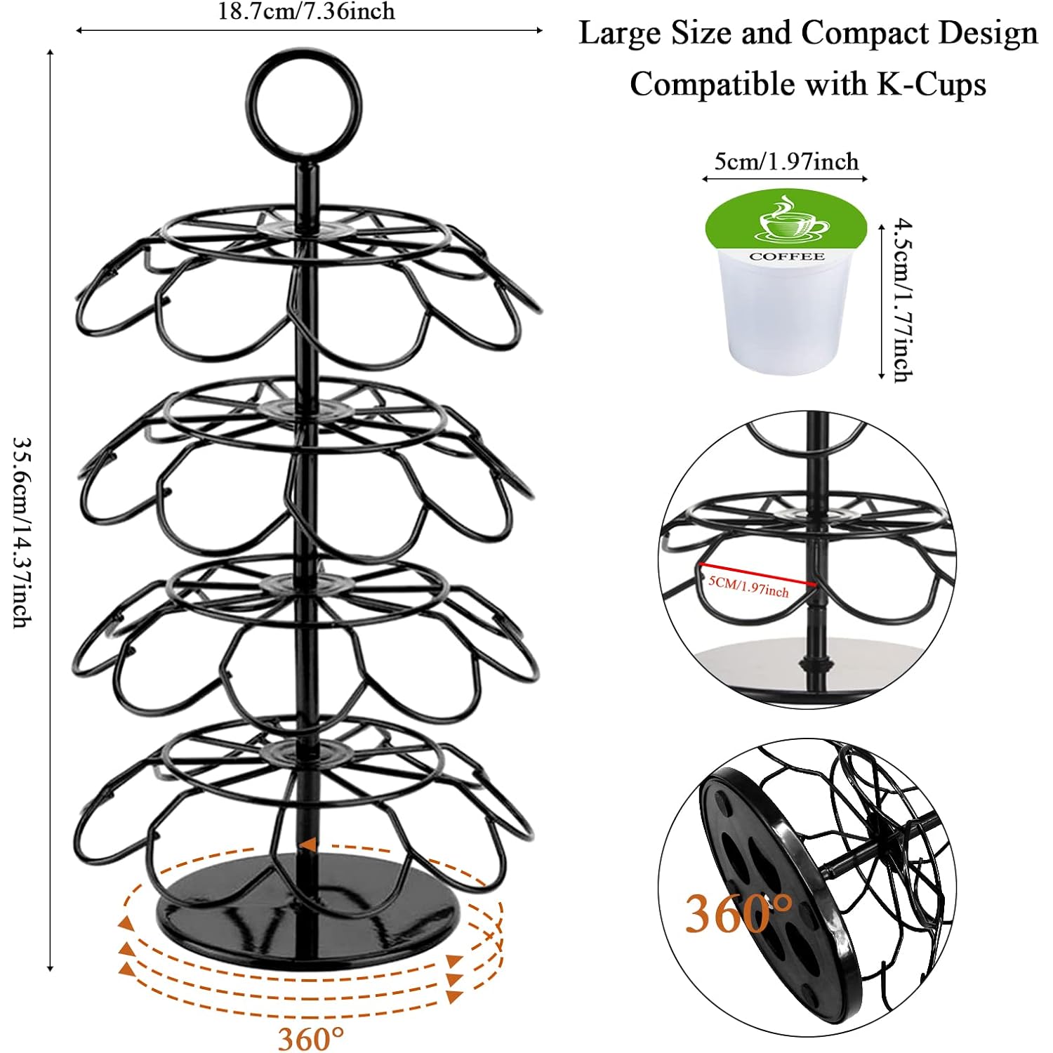 Kimiup Coffee Pod Holder, K Cup Organizer Compatible With K-Cups(36 Pods), Kitchen Detachable Coffee Pod Organizer For Countertop, Spins 360-Degrees