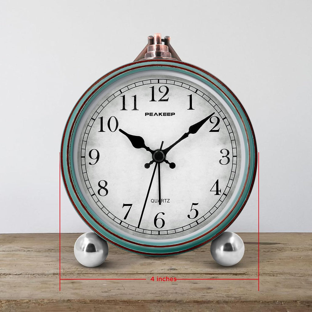 Peakeep 4" Small Battery Operated Antique Retro Analog Alarm Clock | With Contour Lines In Gold For Room Decor, Silent Elegant Bedside Desk Table Gift Clock