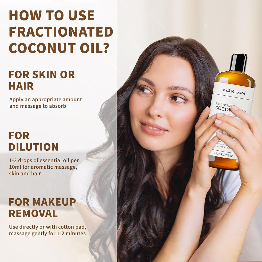 Mayjam Organic Fractionated Coconut Oils Liquid 16Oz, 100% Pure & Natural Usda Certified Cold Pressed Coconut Carrier Oil For Face Skin & Hair Moisturizing, Body Massage Oil For Essential Oils Mixing