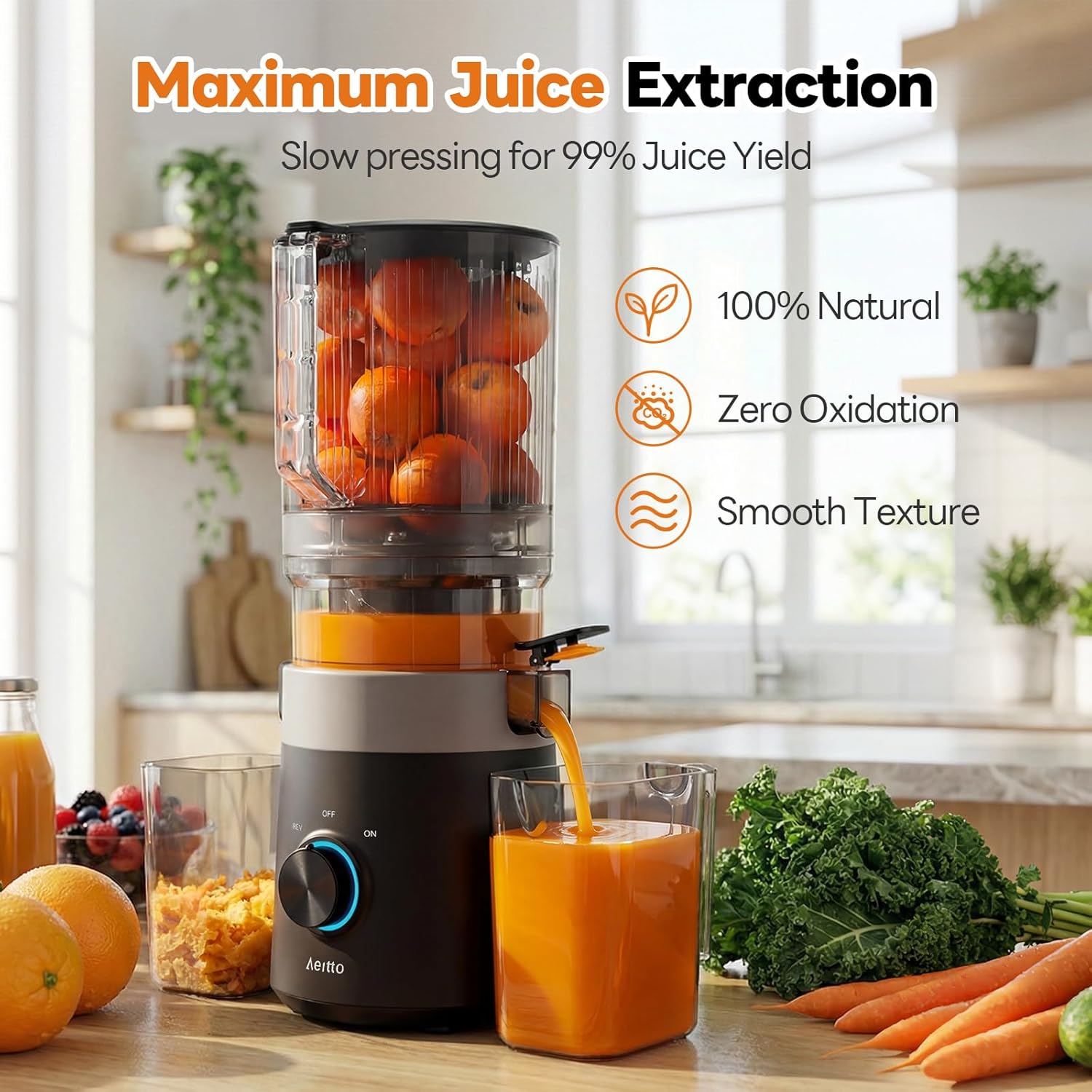 Aeitto Easy to Clean Juicer Machines With Filter-Free Design, 3-in-1 Cold Press Juicer (For Juice/Sorbet/Nut Milk), 6.0" Extra Large Chute For Whole Fruits & Vegetables, Large Capacity, With Pusher