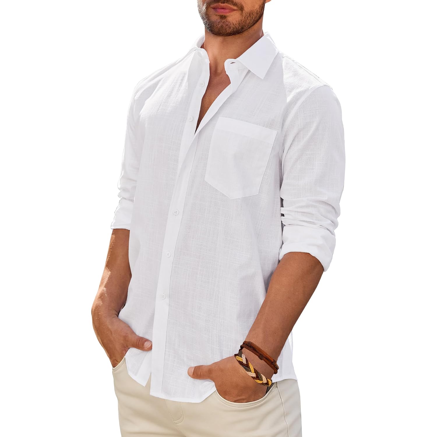 Demeanor Mens Linen Textured Shirt Long Sleeve Casual Cotton Solid Regular Fit Wedding Summer Beach Button Down Shirt