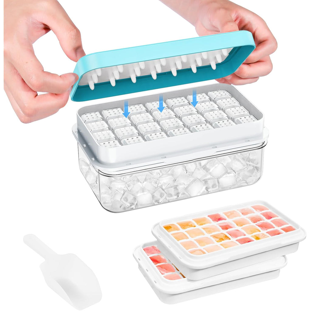 0.8“ Ice Cube Tray With Lid And Bin, Phinox 56 Cubes Ice Trays For Freezer, Ice Cube Trays For Freezer With 2 Trays, Container, Lid & Ice Scoop, Bpa Free, Blue(28Cubes/Tier)