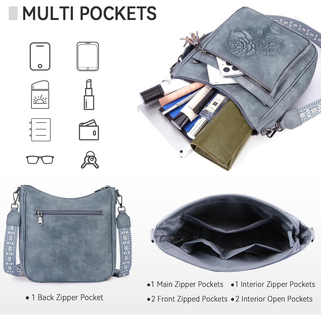 Crossbody Bags For Women Trendy Vegan Leather Hobo Purses Embossed Shoulder Handbag Lightweight Travel Purse