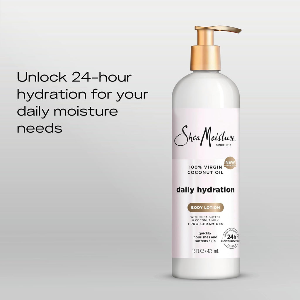 Sheamoisture Daily Hydration Body Lotion With 100% Virgin Coconut Oil, Shea Butter, Coconut Milk And Pro-Ceramides, Quickly Nourish & Soften Skin, 24H Moisturizing 16 Oz