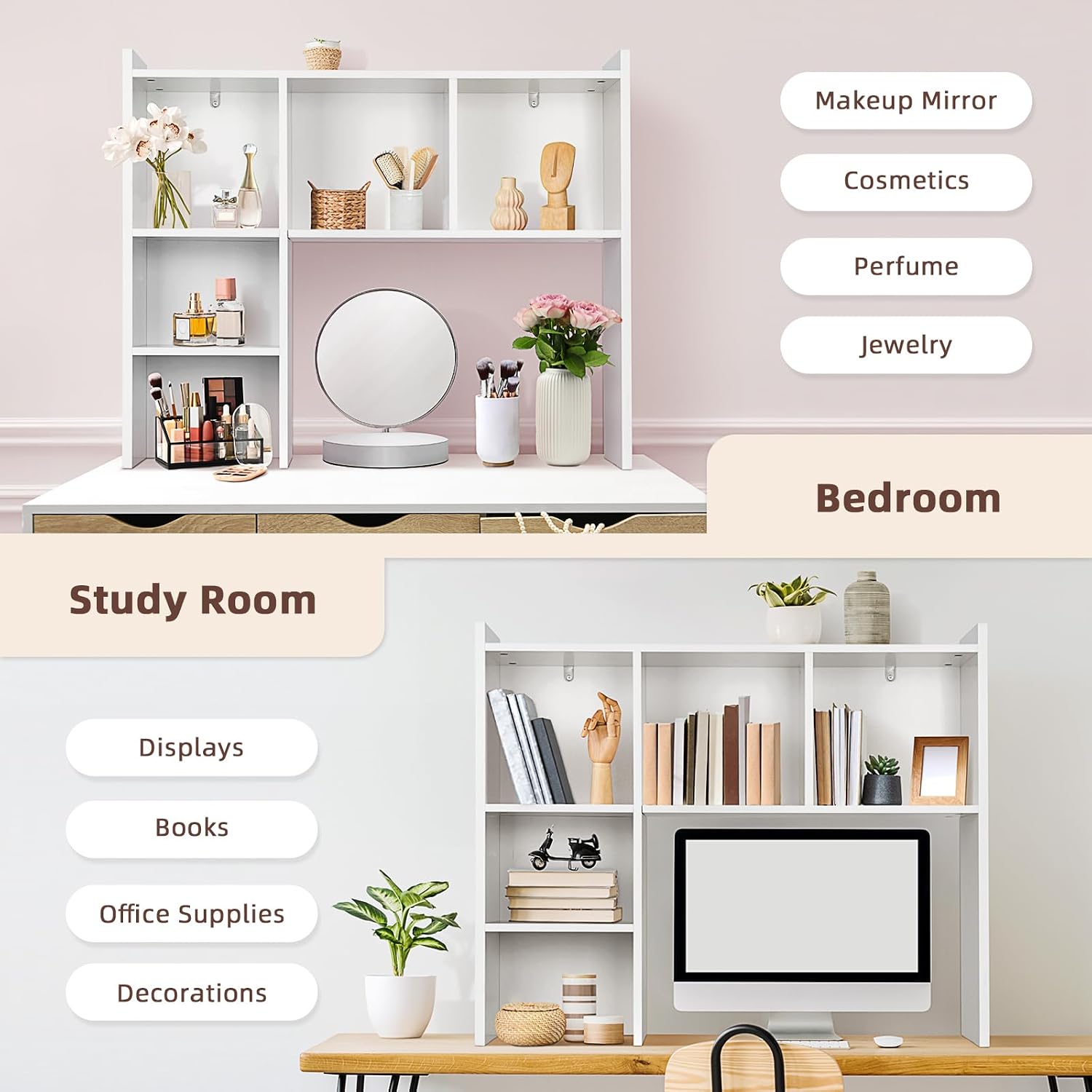Oook White Desk Hutch, Dorm Organizers And Storage, Desktop Bookshelf With 5 Shelves, 3-Tier Wooden Desktop Organizer, Computer Desk With Hutch For Office Dorm Home