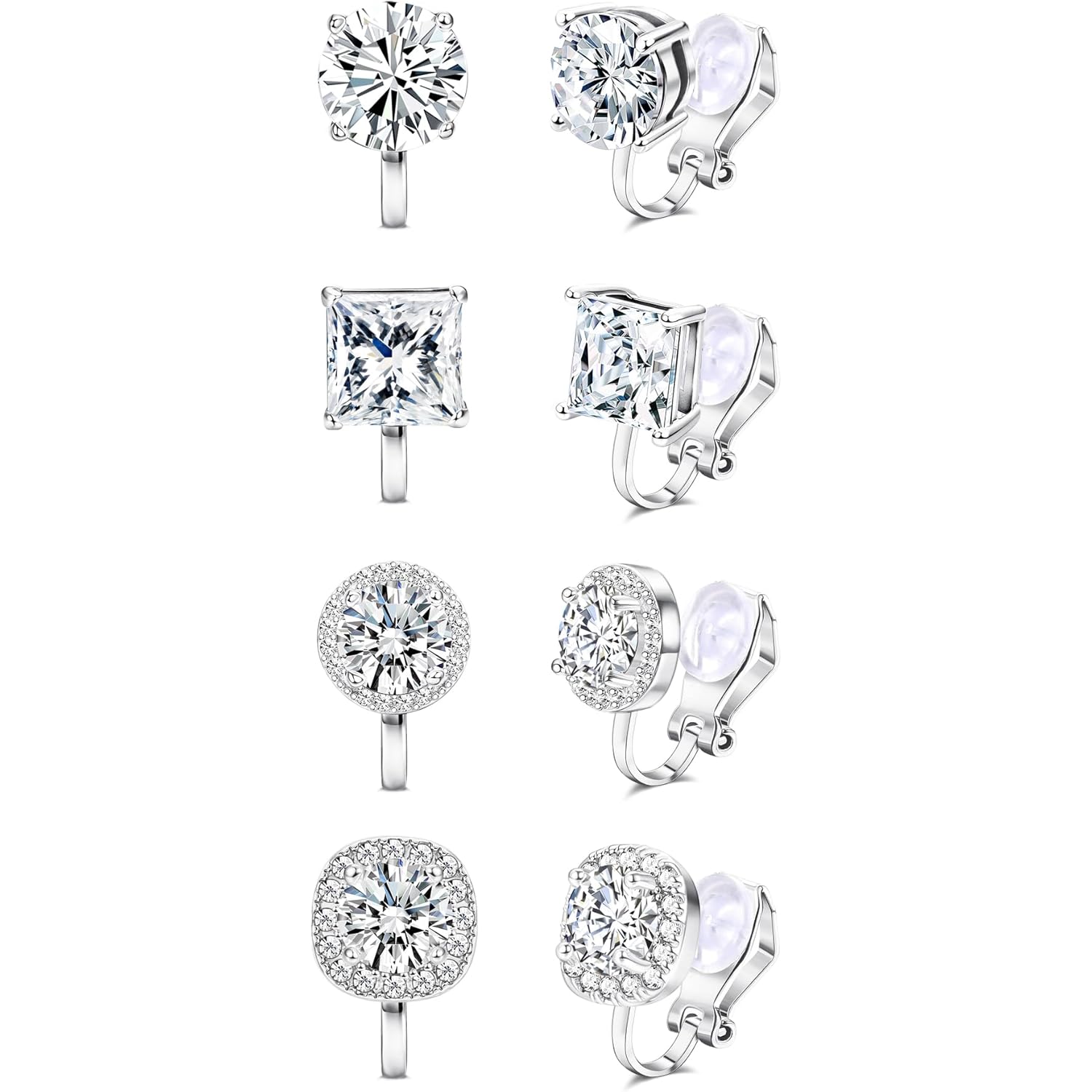 Thunaraz Cubic Zirconia Clip on Earrings - Women Hypoallergenic Comfortable Non Pierced Stud Earrings for Wedding and Dance Competitions, Clip-on Earrings Silver Gold