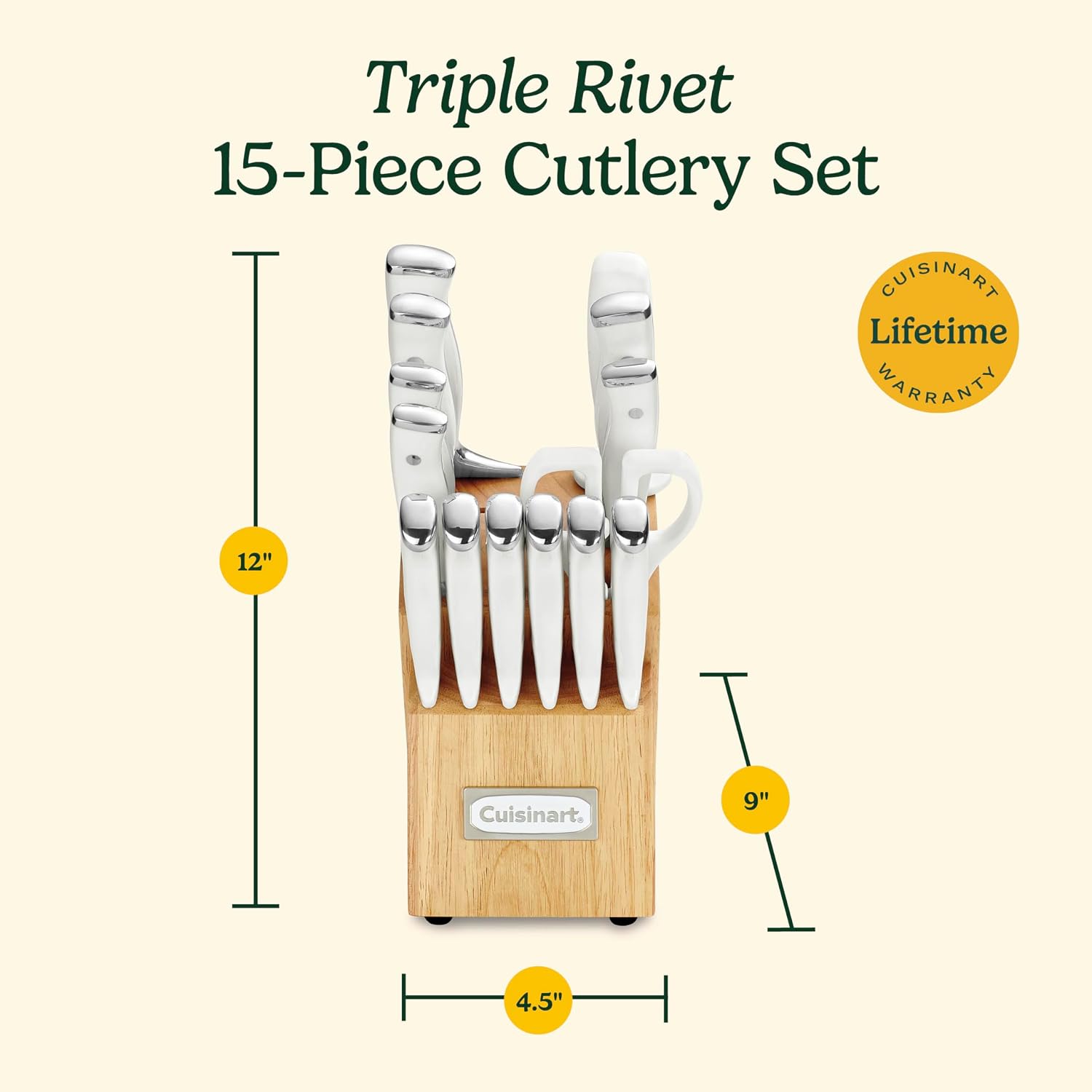 Cuisinart 15-Piece Knife Set With Block, High Carbon Stainless Steel, Forged Triple Rivet, White, C77Wtr-15P