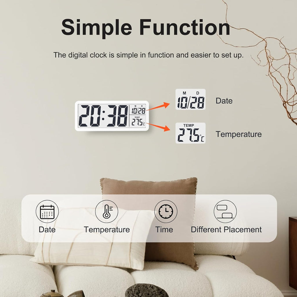 Lcd Digital Wall Clocks Battery Operated, 8.5" Modern Wall Clocks For Living Room Decor, Simple Digital Wall Clock With Temperature/Date/Time - 12/24H, Small Desk Clock For Bedroom Office