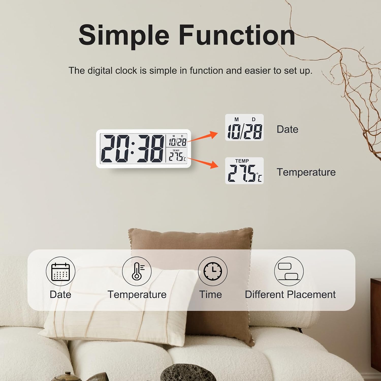 Lcd Digital Wall Clocks Battery Operated, 8.5" Modern Wall Clocks For Living Room Decor, Simple Digital Wall Clock With Temperature/Date/Time - 12/24H, Small Desk Clock For Bedroom Office