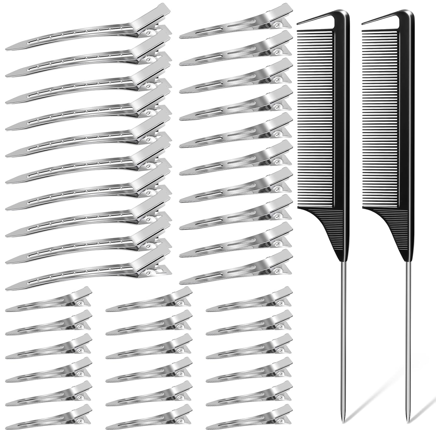 Morgles 70Pcs Metal Hair Styling Clips Set With Rat Tail Combs For Styling | No-Crease Alligator Clips In 3 Sizes, 2 Carbon Combs & Case, For Coloring, Braiding, Locs, & All Hair Types