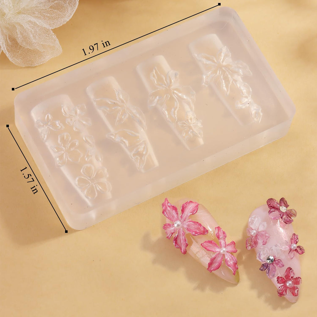 Silicone Nail Molds, 2PCS Reusable Clear 3D Flowers Nail Art Molds with Carving Pen Cherry Blossom Plumeria Hibiscus Flower Nail Design Manicure Template DIY Charms Resin Craft Accessories