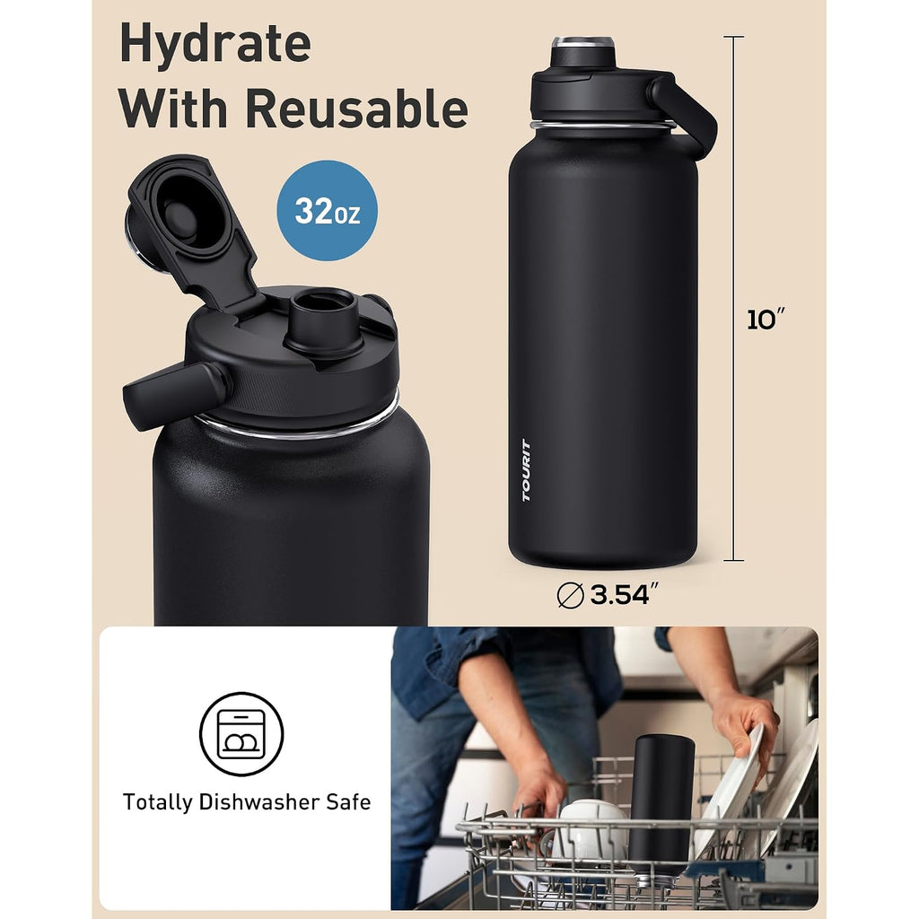 Tourit 32 Oz Insulated Water Bottle, Stainless Steel Sports Water Bottles With Top Handle, Double-Wall Travel Thermal Water Flask, Bpa Free Leakproof Water Bottle For Sports And Travel (Obsidian)