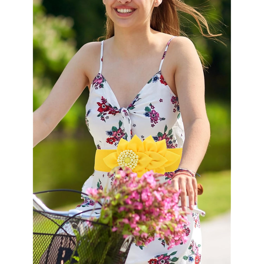 TeeYee Womens Elastic Big Décor Flowers Belt Wide Stretch Adjustable Fashion Waist Belt