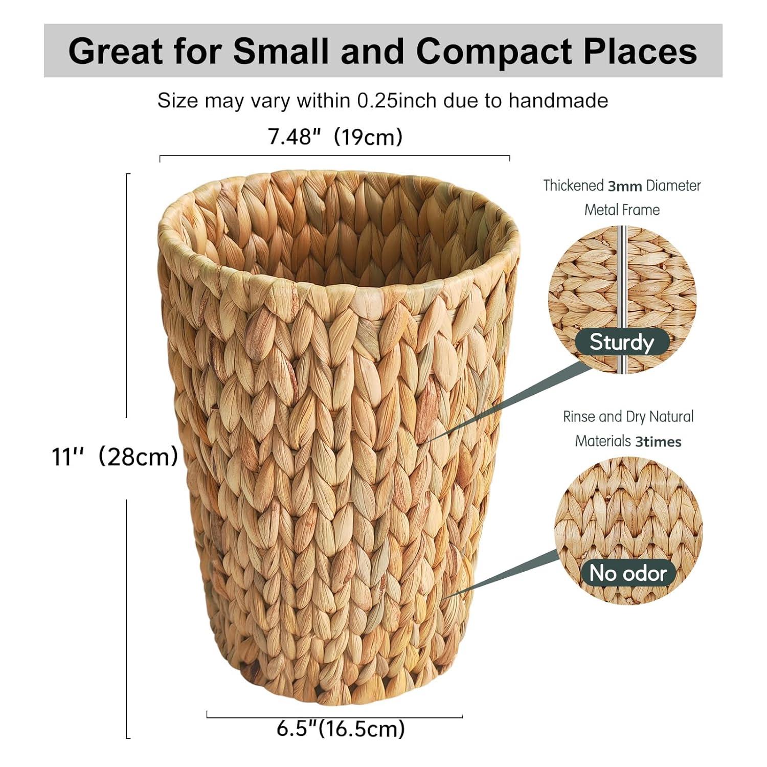 Wicker Trash Can,Small Bathroom Trash Can,Water Hyacinth Wicker Waste Basket For Bathroom,Boho Waste Basket For Bedroom,Home Office,Compact Spaces(2 Gallon Round)