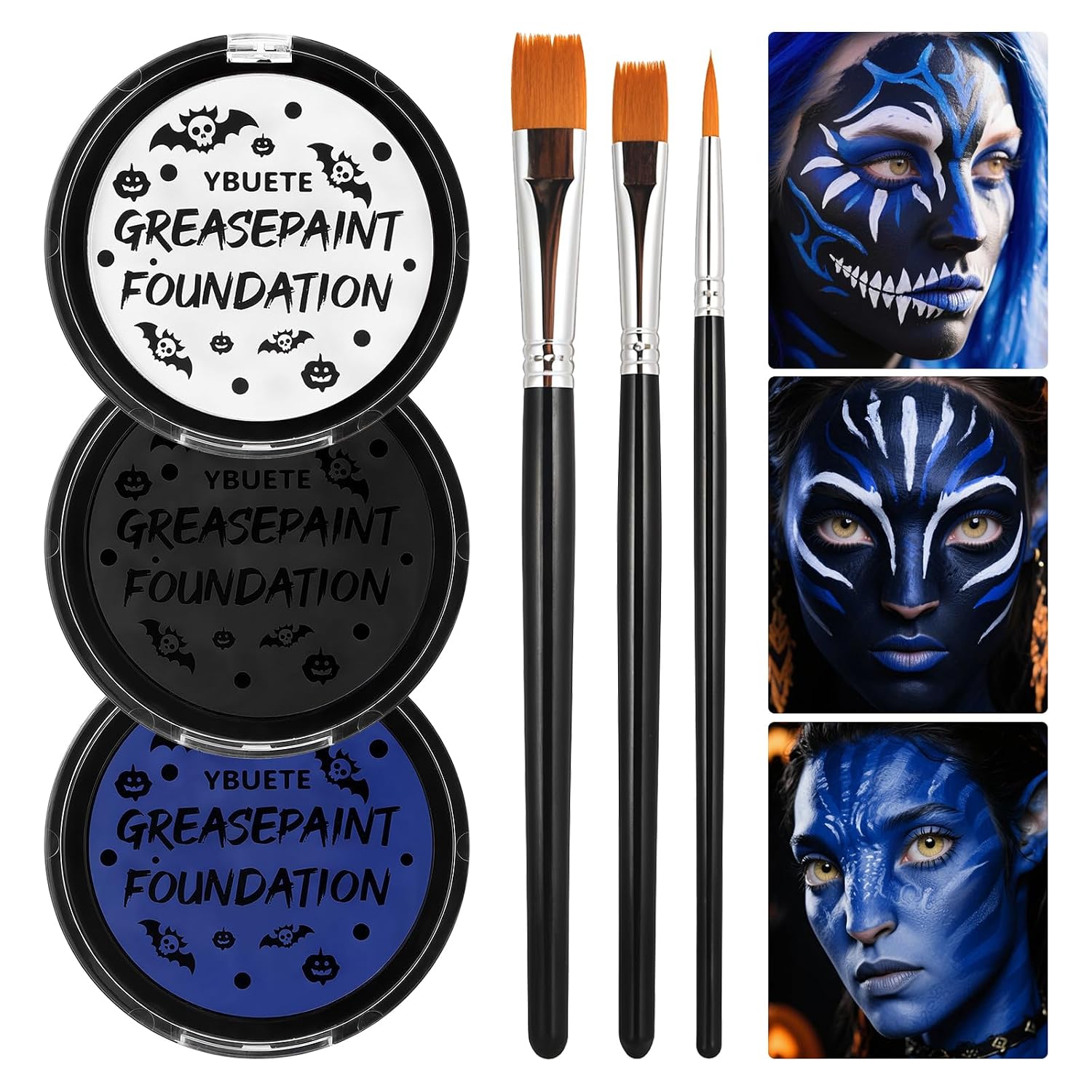 Ybuete Blue Black White Oil Based Face Paint Kit With Painting Brushes, Professional Full Coverage Greasepaint For Adults Halloween Cosplay Sfx Avatar Mermaid Makeup Stage Theater