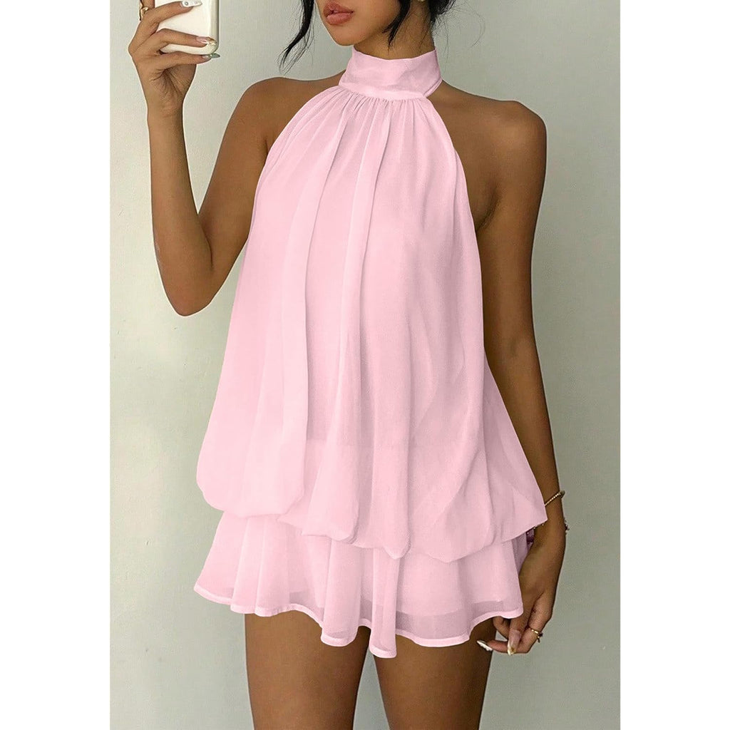 Women'S Chiffon Halter Drop Waist Mini Dress Wedding Guest Dresses Ruffle Formal Club Holiday Brunch Outfits