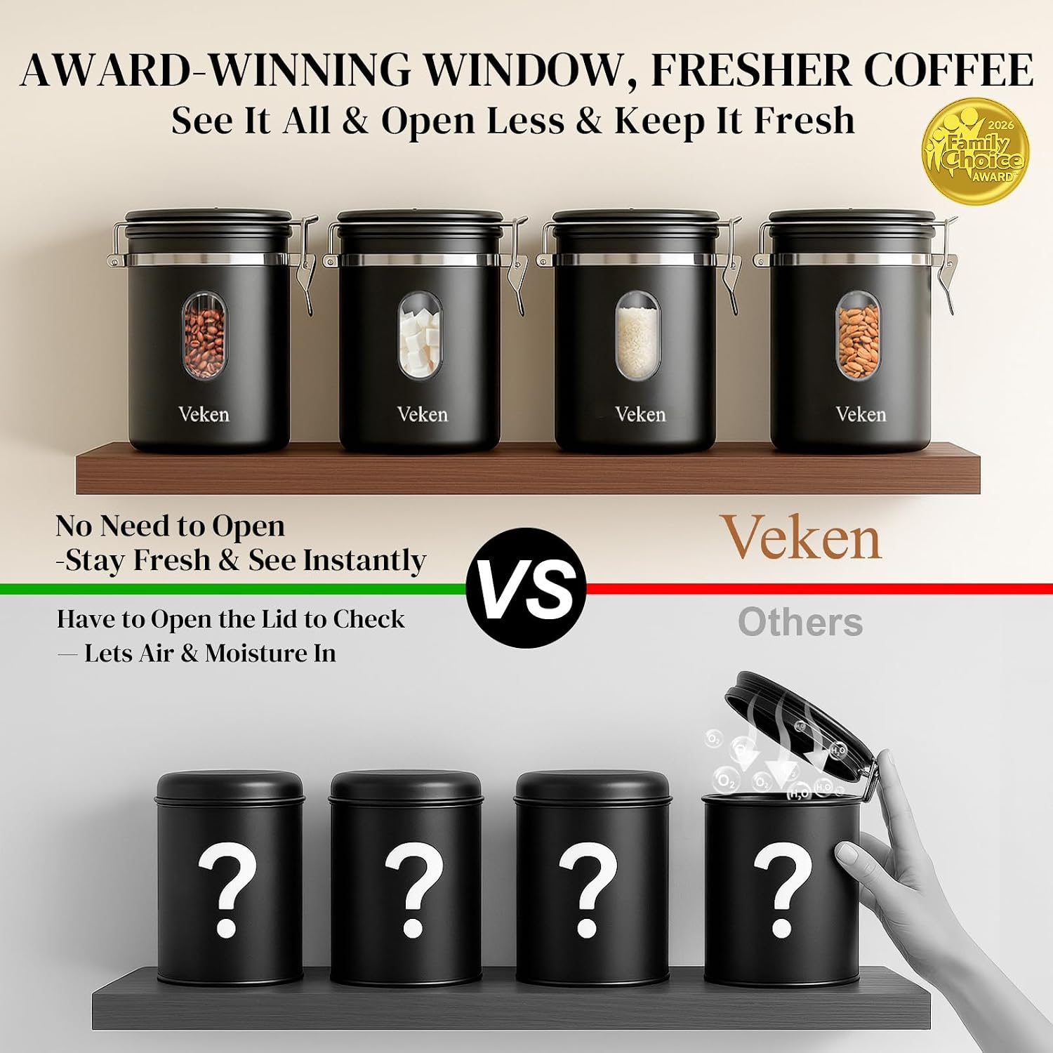 Veken Coffee Canister With Window,Airtight Stainless Steel Pantry Container,Kitchen Food Storage Organizers For Beans,Ground,Espresso,Rice,Tea,Sugar, Cereal, Bar Accessories,Gifts,Lids,Jars,22Oz,Black