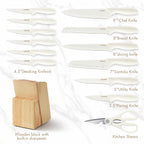 CAROTE 15Piece Knife Set, Kitchen Knife Block Set, Elegant White Ceramic-Coated Blades with Stylish Wooden Block for Modern Culinary Excellence
