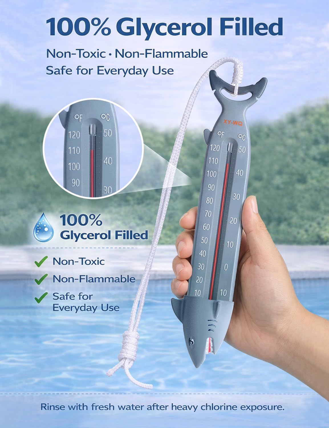 Xy-Wq 10" Large Shark Pool Thermometer – Jumbo Easy-Read Pool Water Thermometer With Fully Sinking Design For Accurate Readings, Tether Included For Swimming Pool, Spa, Hot Tub & Pond